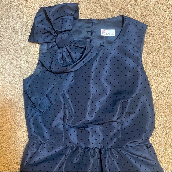 Red Valentino Deep Midnight Blue Polka Dot Pattern Dress with bow accents - Picture 6 of 11